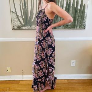 Free People That Moment Maxi Slip, Lace Insert,  Ruffle Hem, Black Floral, Small